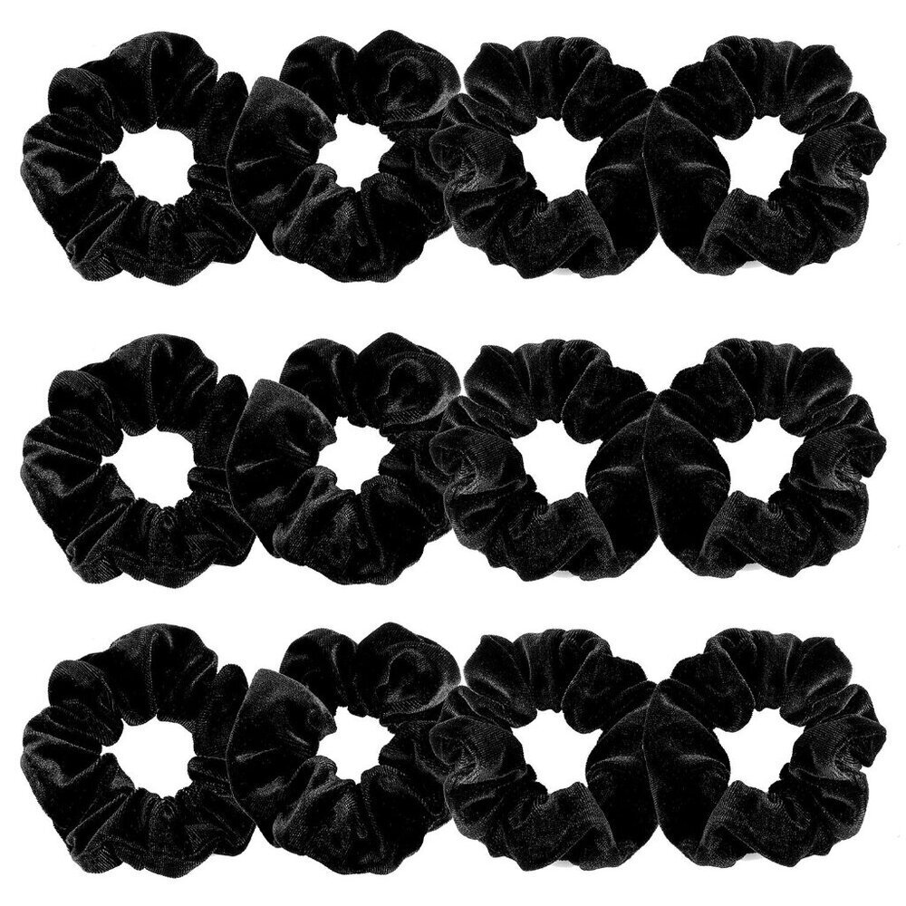 Luxurious Velvet Hair Scrunchies - 12 Soft Black Bobbles for Effortless Style